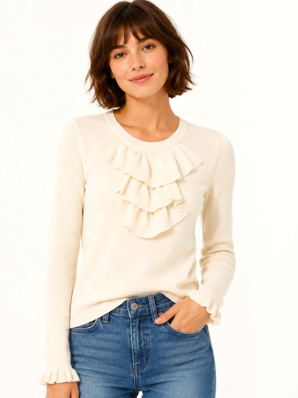 Karen Millen Cream Ruffled Long Sleeve Sweater